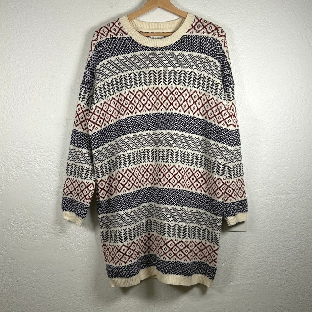 Element Eden Sweater Dress Cream Navy Burgundy Fair Isle Knit Size M